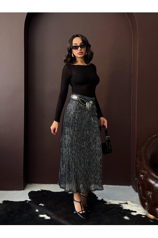 Verymoda Simli Pliseli Etek F2067 Siyah Gümüş