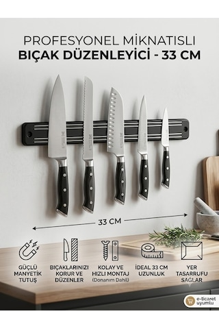 Mıknatıslı Bıçak Askısı Bıçak Tutucu Bıçak Askısı Duvara Monte 33cm Siyah