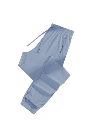 Unisex Streç Hızlı Kuruyan Pantolon Buz İpek Spor Streç Aktif Pantolon Bağcıklı Günlük Bol Jogger Cepli Yürüyüş Seyahat İçin Mavi