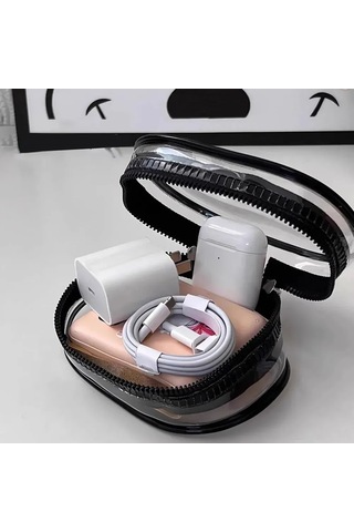 Mufunye Su Geçirmez Şeffaf Kablolar İçin Organizer Çantası - Kulaklık Ve Veri Kabloları İçin Uyumlu, Çift Zip Ve Anahtar Kemerli Elips Depolama Çantası