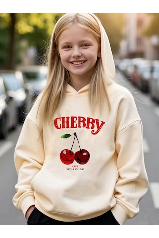 Uyguntarz Happy Cherry Baskılı Oversize Çocuk Sweatshirt Bej