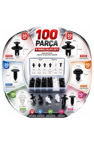 Klips Seti 100 Parça Araç Döşeme Kaporta Üniversal Klips Seti 100 Parça