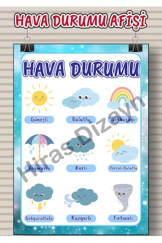 Hava Durumu Afişi Eğitici Çocuk Posteri Okul Öncesi İlkokul Sınıf Duvar Panosu Öğretmen Materyali 30x42cm A3 Kalın Kuşe Kağıt