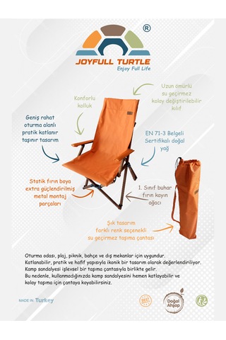 Joyfull  Turtle Ahşap Kollu Katlanır Sandalye - Kılıf - Çanta - Turuncu