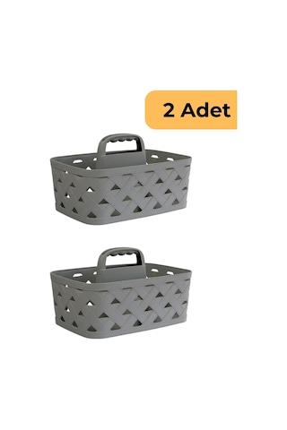 Deri Desenli Saplı Sepet, 2'li Set, Bej Gri