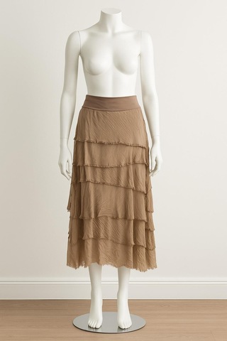 İtalyan 2 Beden Ince Gösteren Kat Kat Ipek Etek & Straplez Elbise Camel