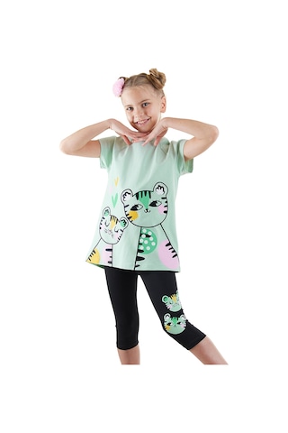 Denokids Puanlı Kaplan Kız Çocuk T-shirt Tayt Takım Renkli Çok Renkli