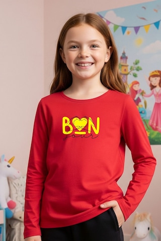 Yuvarlak Yaka Kalp Baskı Detaylı Kız Çocuk Sweatshirt Kırmızı