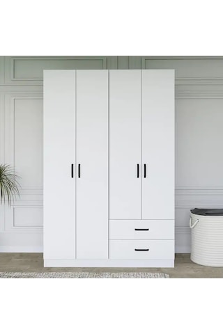 Yaman Mat Beyaz 4 Kapılı 2 Çekmeceli Elbise Dolabı - Gardırop Beyaz
