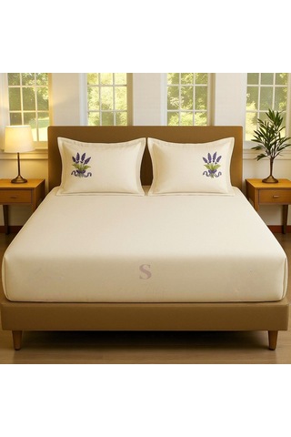 Shules Collection Buldan Keteni Lavanta Nakışlı Çift Kişilik Çarşaf+yastık Seti %100 Pamuk Bej