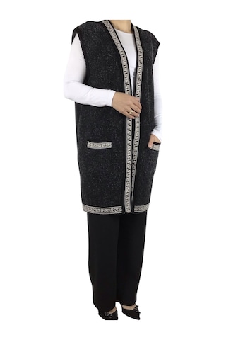 Kadın Önü Üç Düğmeli Desenli Cepli Kalın Büyük Beden Yelek Siyah