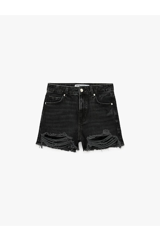 Koton Yıpratma Detaylı Pamuklu Cepli Düğmeli Mini Denim Şort Siyah 6sal40232md