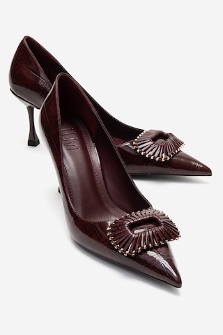 Luvishoes Rebel Bordo Baskılı Tokalı Kadın Topuklu Ayakkabı Bordo