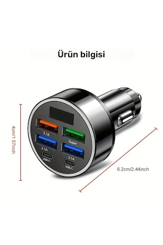 Araç Şarj Cihazı 6 Portlu 2pd + 4usb, Hızlı Şarj, Tip-c, Dijita