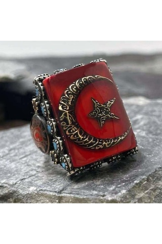 925 Ayar Gümüş Kırmızı Mineli Ayyıldız İşlemeli Kelime-i Tevhid Erkek Yüzük Gümüş