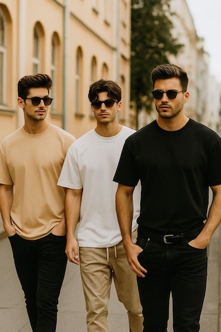 Rich Erkek 3'lü Paket Siyah-beyaz-bej %100 Pamuk Oversize Tişört Basic Bisiklet Yaka Kısa Kollu T-shirt Bej
