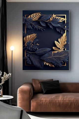 Koyu Mavi Yaprak Kanvas Tablo Ev Duvar Salon Ofis Dükkan Hediyelik Dekarasyon Süsü