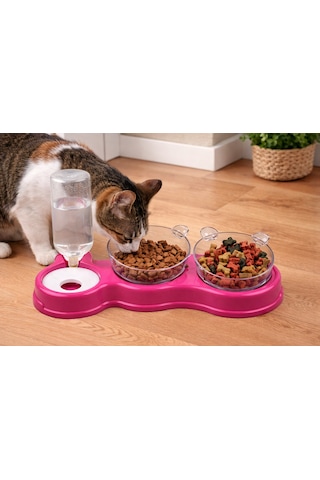 Petesia Çift Hazneli 3 Lü Kedi Ve Köpek Mama & Su Kabı Otomatik Su Hazneli, 500 Ml