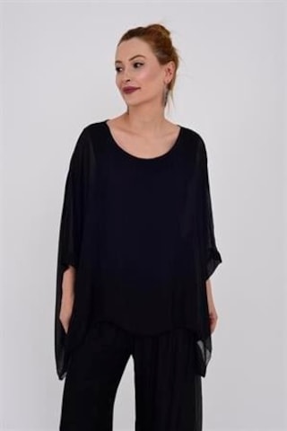 Bohem Stil İtalyan Yarasa Kollu İpek Bluz K.siyah