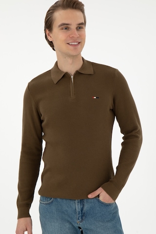 U.S. Polo Assn. Erkek Regular Fit Yarım Fermuarlı Haki Basic Kazak 50298266-VR027