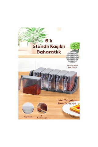 6 Lı Standlı Kendinden Yapışkanlı Kapaklı Kaşıklı Baharatlık Takımı -etiketli Baharatlık Siyah