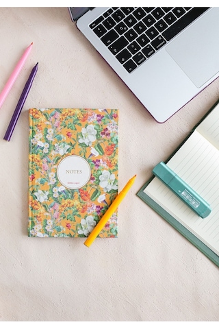 Çiçekli Bez Ciltli Defter / Çizgili Turuncu Desenli