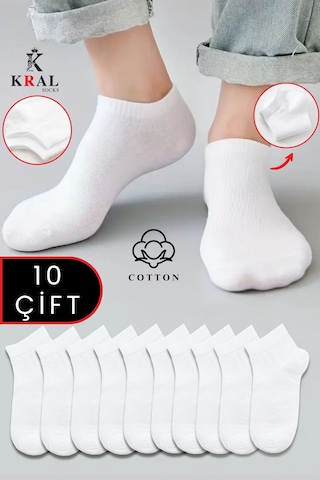 Kral Socks Kadın - Erkek 10 Çift Düz Desen Ekonomik Bilek Boy Patik Çorap Beyaz