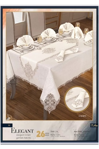Elegant Linen Yemek Takımı Masa Seti 12 Kişilik 26 Parça160 260 Cm Runner Set Krem-gümüş Çok Renkli