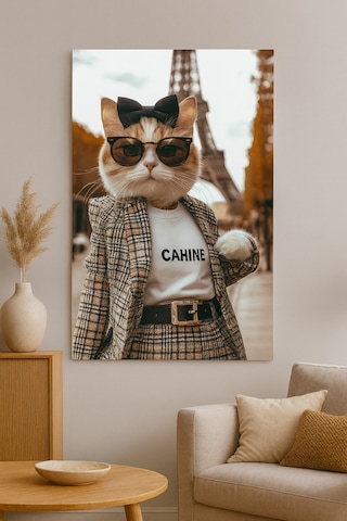 Paris Moda Kedisi Cam Tablo Şık Gözlüklü Ve Takımlı Sanat Tasarım