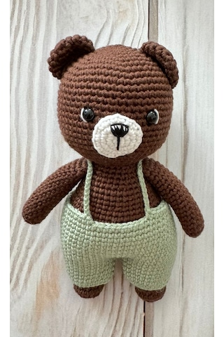 Amigurumi El Örgüsü Oyuncak Ayıcık Kahverengi - Yeşil