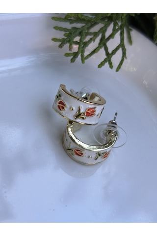 Bym604 Çelik Beyaz Retro Lale C Model Fransız Stili Kadın Küpe Beyaz