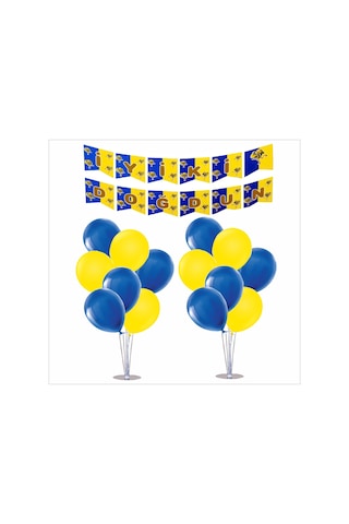 2 Adet Ayaklı Balon Standı 7li Set, 14 Adet Taraftar Sarı-lacivert Balon+banner Tüm Yaşlar