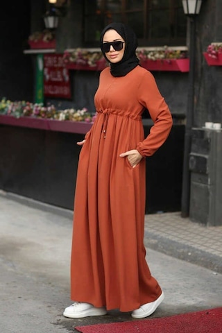 Neways 6497-Krep Süs Bağcıklı  Büzgülü  Elbise Kiremit