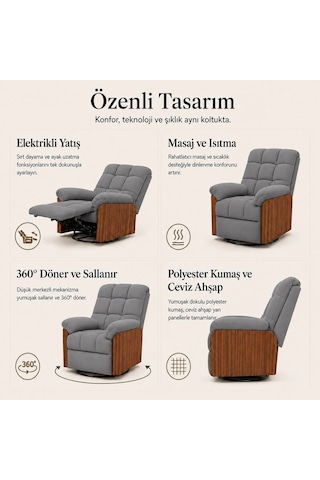 Smarto Relax Porto Tv Koltuğu Elektrikli Masajlı Isıtmalı Döner Sallanan Ahşap Yan Panelli Polyester Kumaş Baba Koltuğu Gri