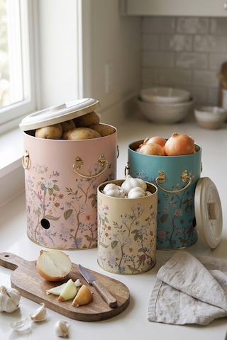 Flora Desenli Metal Patateslik Soğanlık Sarımsaklık 3'lü Set Kapaklı Metal Sebzelik Seti Çok Renkli