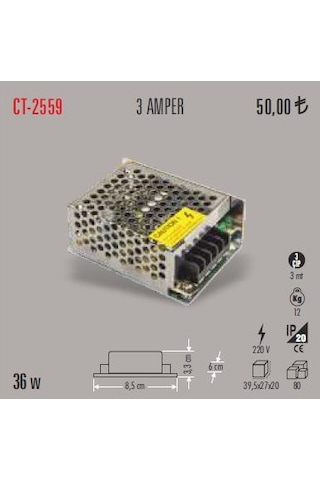 Cata Ct-2559 3 Amper 36 Watt Şerit Led Trafosu Adaptörü Metal