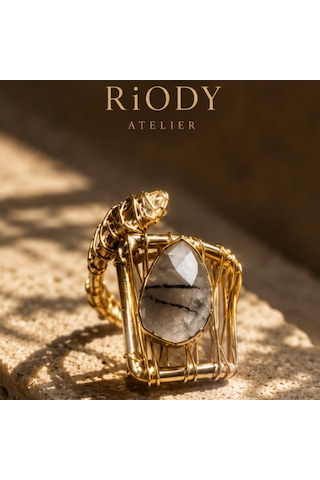 Riody Atelier El Yapımı Doğal Taş Yüzük Gold Tasarım Kadın Yüzük Sarı