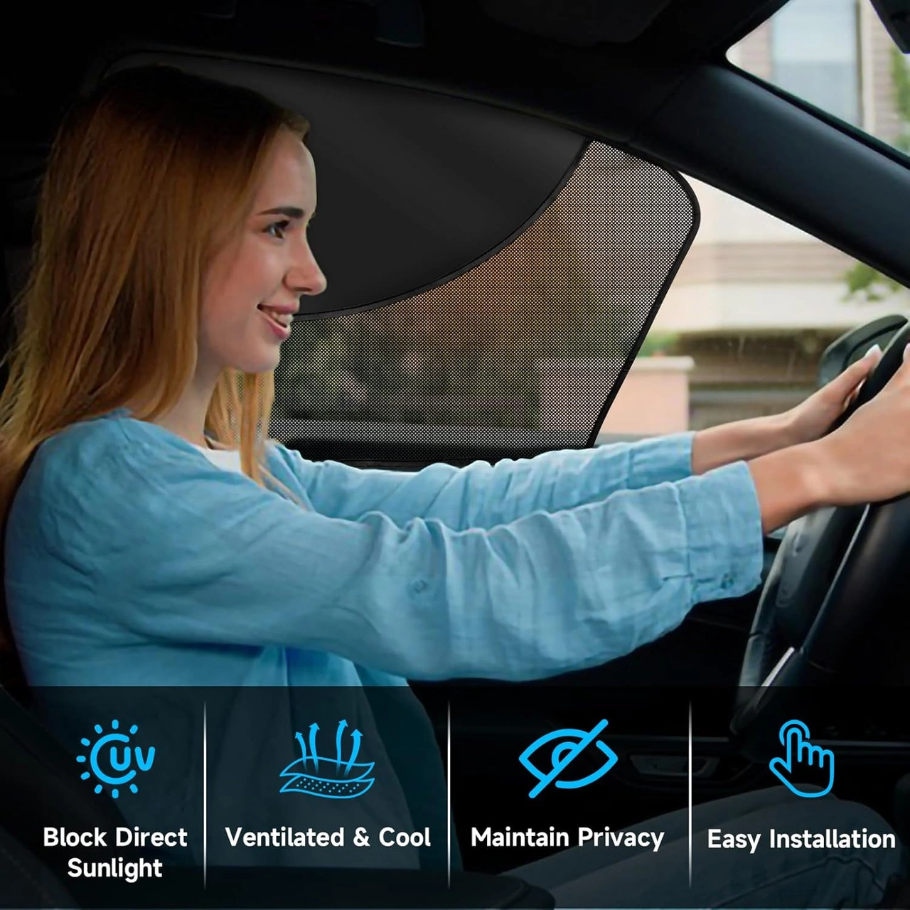 Moveevo Oto Cam Güneşlik: İki Katlı Mesh + Opak Kumaş, Manyetik Tutma, Uv Engelleme, Isı Yalıtımı - Sürücü + Arka Koltuk Seti