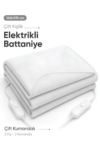 Beylini Omak Çift Kişilik Elektrikli Battaniye Çift Kumandalı Tam Güvenlikli Dayanıklı Çift Kademeli Termostatlı Elektrikli Yatak Isıtıcı 140x170 Cm Beyaz