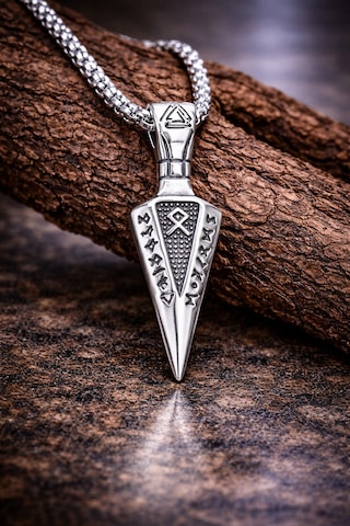 Paslanmaz Çelik Runik Harf Desenli Viking Ok Ucu Kolye Gümüş