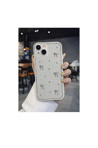 Apple Uyumlu iPhone 15 Fiyonk Figürlü Simli İnci Taşlı Lüx Silikon Kılıf Gri