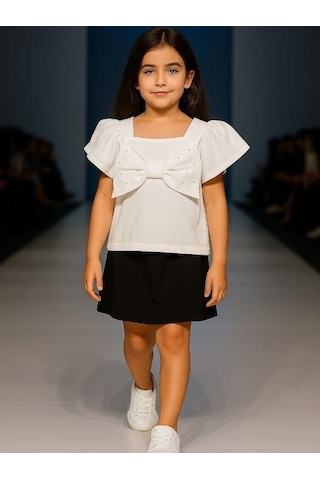 Kız Çocuk Pamuklu Fiyonklu Taşlı Bluz-15894 Ekru
