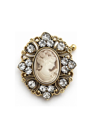 Taşlı Vintage Kadın Portre Figürlü Metal Broş Gold Çerçeveli Oval Tasarım Açık Gri