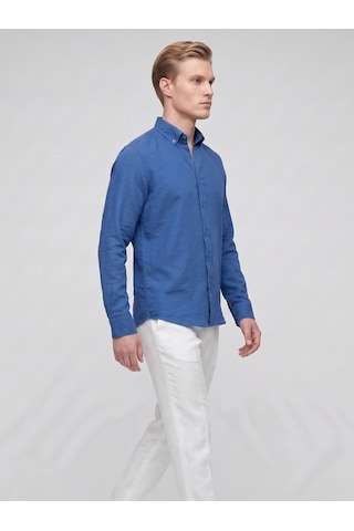 Plus Scorpion Erkek Keten Müslin Gömlek Slim Fit Düğmeli Yaka Uzun Kollu Yazlık Gömlek Saks Mavisi