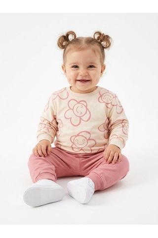 HelloBaby Pamuklu Çiçek Detaylı 2li Kız Bebek Takım Gül Kurusu "Gül Kurusu"