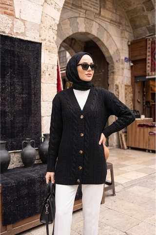 Sayzen Your Shine Trend Saç Örgülü Düğmeli Tunik Hırka Siyah