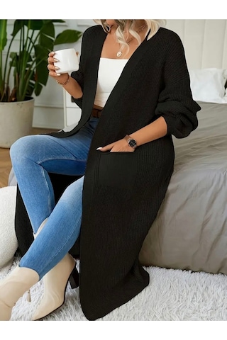 Newco Büyük Beden Battal Kalıp Siyah Cepli Dökümlü Uzun Örgü Hırka 2xl - 3xl Uyumlu Siyah