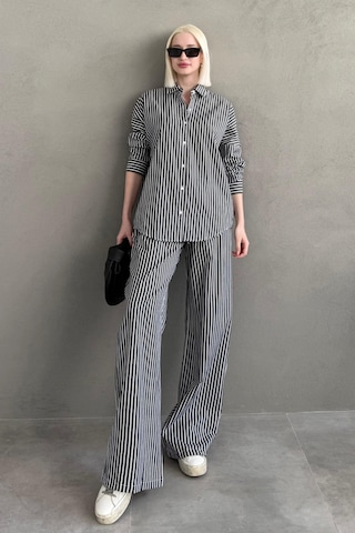 Madmext Siyah Çizgili Gömlek Pantolon Kadın Takım Mg2457 Siyah