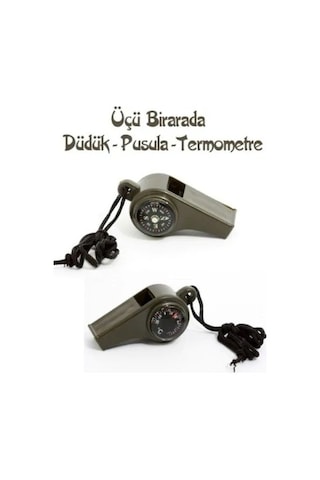 Pusulalı Termometreli Düdük  - Survival Askılı Düdük Haki