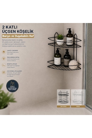 Eko-2 Banyo Köşelik Ve Duşkabin Raf 2 Katlı Üçgen Siyah Metal - 12'li Paket